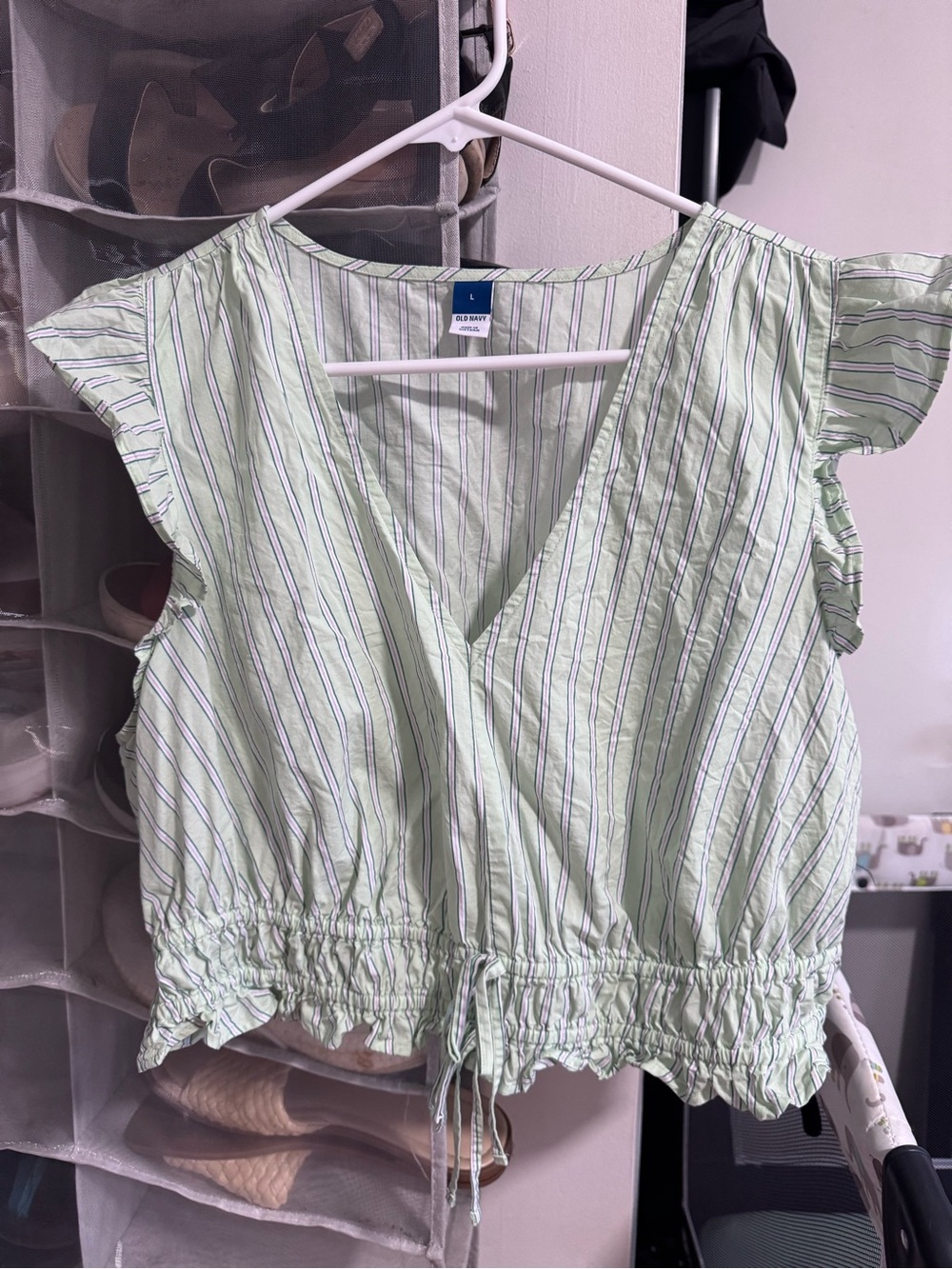 Old Navy Light Green Striped Wrap-Front Flutter Sleeve Top